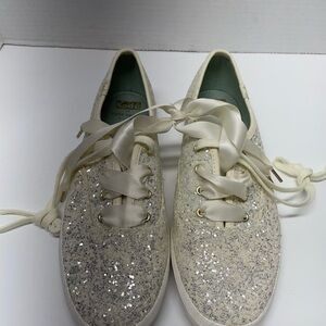 Kate Spade Keds Women's Cream Glitter Satin Ribbon Sneakers